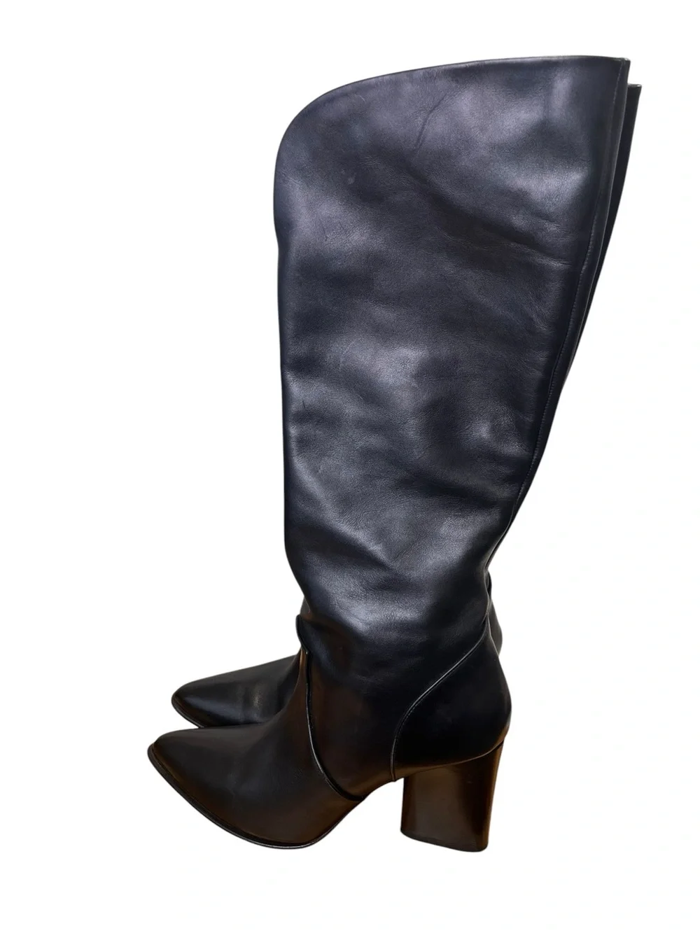Avellini Black Leather Knee High Boots Pointed Toe Block Heel Italy EU 39